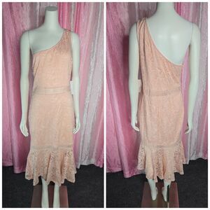 Venus Peach Floral Lace One Shoulder Ruffle Lined Dress Size Large NWT